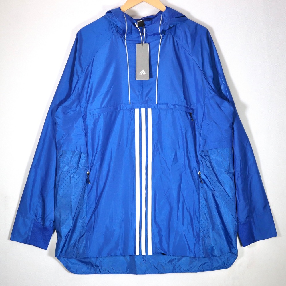 Adidas Mens XL Blue Windbreaker Anorak Jacket NWT 3Stripes Reflective Activewear